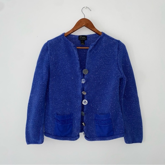 Anthropologie Sweaters - Anthro Pure HandKnit Cotton Purple Retro Glitter Bedazzled Sweater Womens M/L